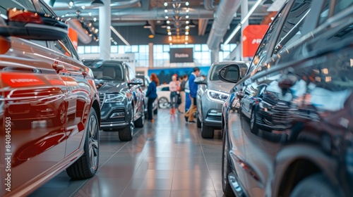 A wide-angle view of a busy car dealership showroom showcasing a variety of preowned vehicles on display. Customers browse the selection, while sales representatives assist them