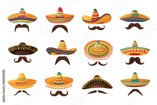 Mexican sombrero hats and mustache. Traditional sombreros with ethnic patterns, Mexico style masks cartoon vector set