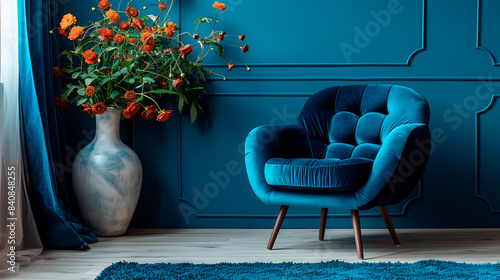 The interior has a blue wall, a blue armchair and flowers. A postcard for design.