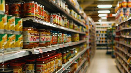 A grocery store aisle with shelves stocked with neatly arranged cans and jars of various canned foods