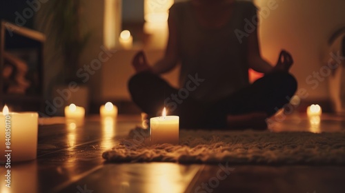 A lowkey photo of a person meditating in a dimly lit room with soft candlelight