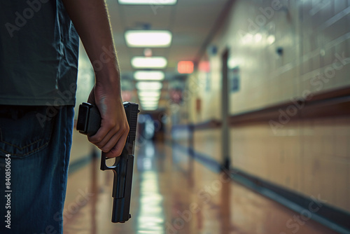 Person's hand holding pistol gun in school corridor