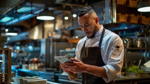 A chef wearing a white uniform and apron is concentrating on the screen of a tablet while standing in a bustling kitchen