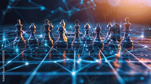 A close-up shot of chess pieces arranged on a chessboard with a glowing network of lines connecting them, symbolizing strategic planning and interconnectedness in business