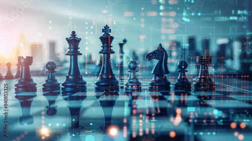 A close-up shot of strategically arranged chess pieces on a board against a backdrop of city lights, representing the concept of business strategy