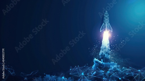 Business achievement to success concept with rocket launch low poly wireframe on blue background