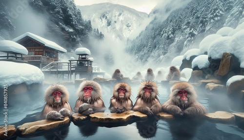 Japanese monkeys in hot spring in snow - A serene photo capturing Japanese macaques soaking in a hot spring during a snowy day