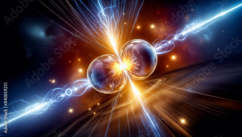 Nuclear fusion in abstract scientific illustration style, two hydrogen / helium / lithium atoms on collision course, merging together at center with brilliant burst of energy radiating outward.