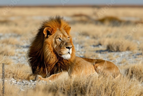 Majestic african lion resting in the grass at etosha national park, namibia, southern africa