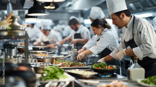 A group of chefs and cooking instructors work diligently in a bustling commercial kitchen, preparing a variety of dishes