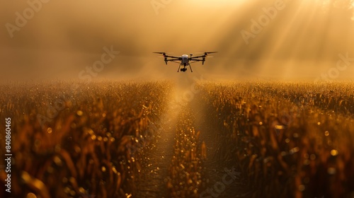 A drone flies over a cornfield at sunrise, capturing the early morning light and fog