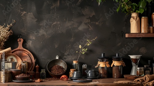 An elegant still life showcasing locally roasted coffee beans and artisan accessories, including a glass carafe, a coffee filter, and a ceramic mug, set against a rustic dark backdrop with copy space