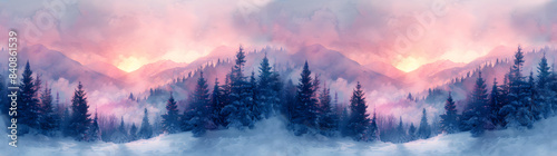 Blurred banner with winter panoramic landscape. Forest, trees and road covered with snow. Sunrise, winter morning of a new day. Purple landscape with sunset. New Year and Christmas greeting concept