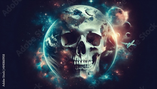 Skull superimposed on cosmic background - An artistic representation of a human skull overlaid on a vivid cosmic scene with planets, depicting themes of mortality and universe