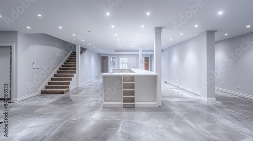 A spacious, modern basement renovation featuring a white countertop with copyspace and a staircase