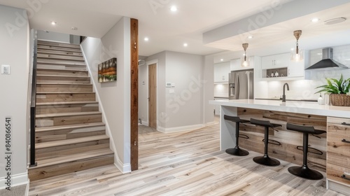 A modern basement renovation features a spacious room with a staircase leading to the upper level, a large kitchen island with white countertops and black bar stools, and white cabinets