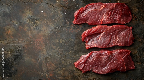 Organic set of raw alternative beef steaks flap flank Steak machete steak or skirt cut T with copyspace