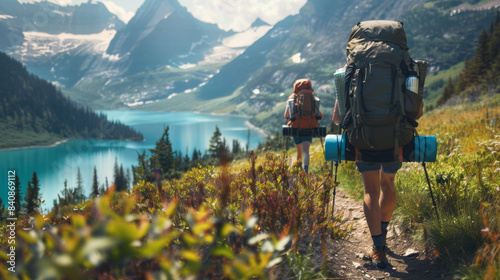 Two hiker with large tourist backpacks walk along a path near a river with mountains in the background.
