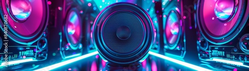 Neon Lights and Speaker in a Futuristic Music Studio