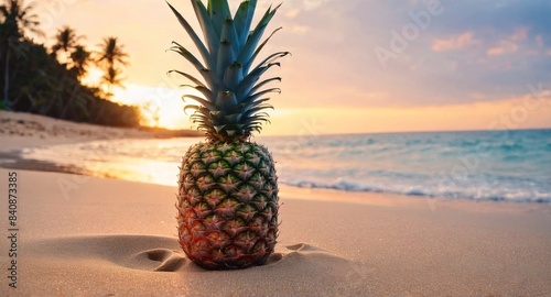 Pineapple on exotic sand beach at sunrise or sunset sea background.
