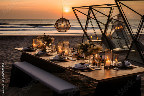 Contemporary style dinner on a pristine beach, with a modern geometric table setup and sleek, stylish decor, all set against Generative Ai,