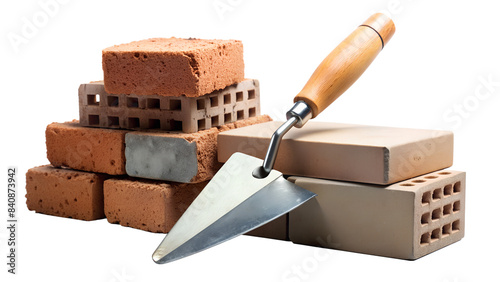 a stack of six bricks with a trowel resting on top. There are three red bricks with holes in the center, arranged in a pyramid shape, and three solid beige bricks placed horizontally beneath them