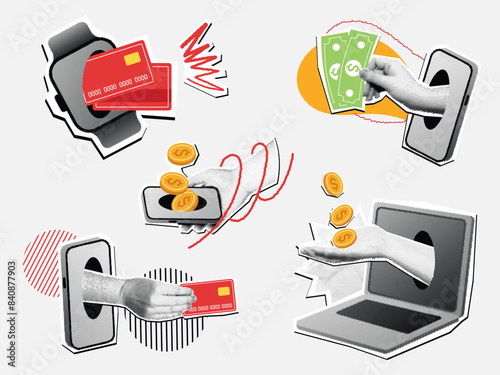 Halftone online payment collage. Mixed media digital purchase, mobile payments and e commerce concept vector illustration set.