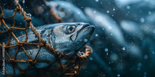 Close-up of a fish caught in a net underwater, highlighting the fishing industry, marine life, and ocean wildlife, showcasing the capture and survival aspects of sea creatures, Gernerative AI