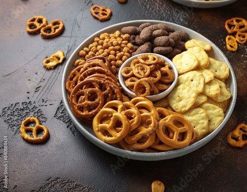 Salty snacks crackers, potato chips, pretzel, peanuts, corn puffs.