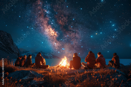 A group of friends gathered around a campfire under the stars. Concept of camaraderie and adventure. Generative Ai.