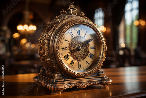 Une horloge antique en bois et bronze, au cadran classique, indique les heures avec un charme rétro, isolée en or millésime.