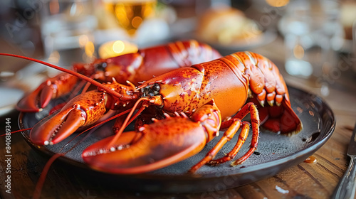 Close up appetizing boiled lobsters serving on plate on the table with white tablecloth in restaurant, healthy seafood, daylight blurred background