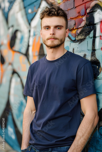 Young man in a navy blue shirt leaning against a graffiti wall, looking confident and stylish