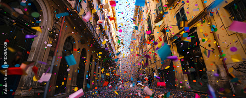 Italian city narrow street celebration: confetti rains down from the sky