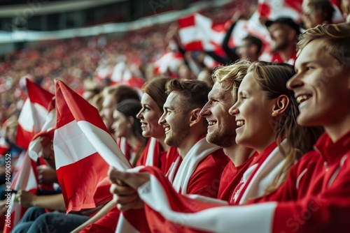 A lively crowd of sports fans waving Swiss flags, engrossed in the action happening at a sporting event