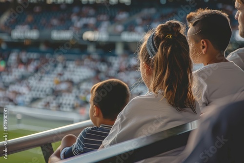 Parents and a child enjoy a live soccer match from stadium seats on a sunny day