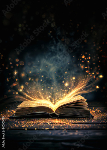 Magic open book on dark background with glitter lights