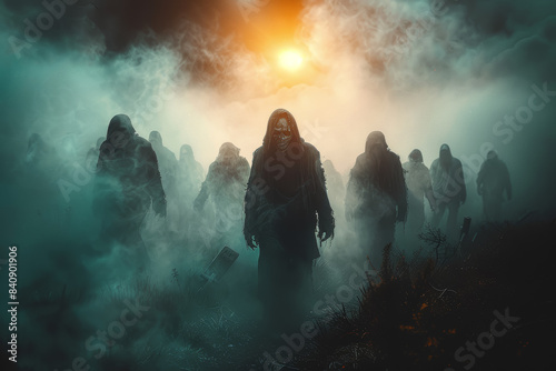 A horde of undead emerging from a foggy graveyard. Concept of horror and resurrection. Generative Ai.