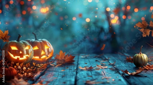 A wooden table topped with two carved pumpkins