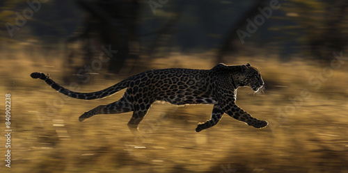 leopard in the bush Fast predator: the panther runs hunting in the African wilderness.