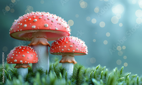 Illustration, fly agaric mushrooms in a clearing.