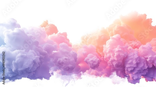 Soft pastel clouds isolated in 3D on a white background, with colorful cumuli. Clipart of a fantasy sky.