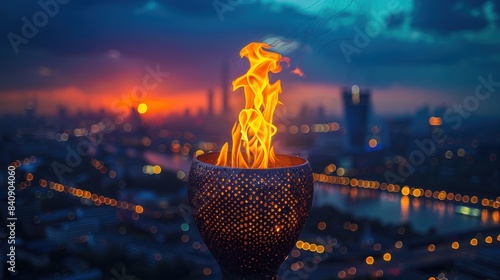 torch flame at night on city background