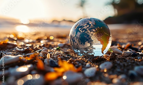 Earth globe in nature, wild life, ecology, tiny planet, forest, moss, earth ball on the ground, dirt, protecting the earth, plant a tree, back to nature, CSR, human impact on, Generative AI