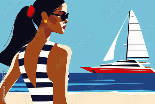 A woman wearing a striped swimsuit and sunglasses stands on a sandy beach, looking out at a red and white yacht sailing on the blue water