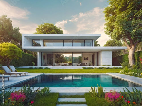 Une maison moderne de. luxe élégante avec piscine et jardin paysager. La piscine est entourée de chaises longues