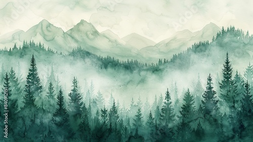 Spruce forest silhouette background. Watercolor painting
