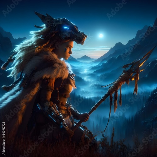 Cyber Huntress in a Moonlit Valley 