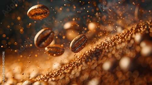 Backdrop of flying coffee beans. Banner of brown coffee beans. Backdrop of coffee grains