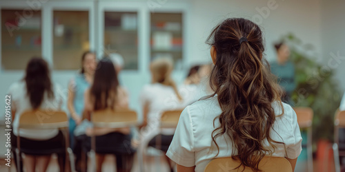 feeling isolated and not belonging, being left out; the back of a girl alone looking to a group of other girls seated and talking together in the background